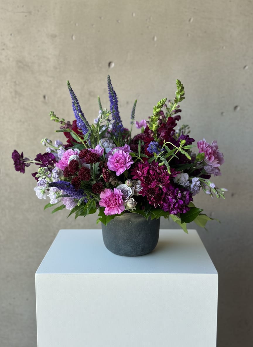 Mystic Meadow  - A flower meadow of lavender and purple blooms to symbolize the magic of Mother Nature's Blessings.  This arrangement is intended to evoke feelings of tranquility, femininity, grace &amp; elegance