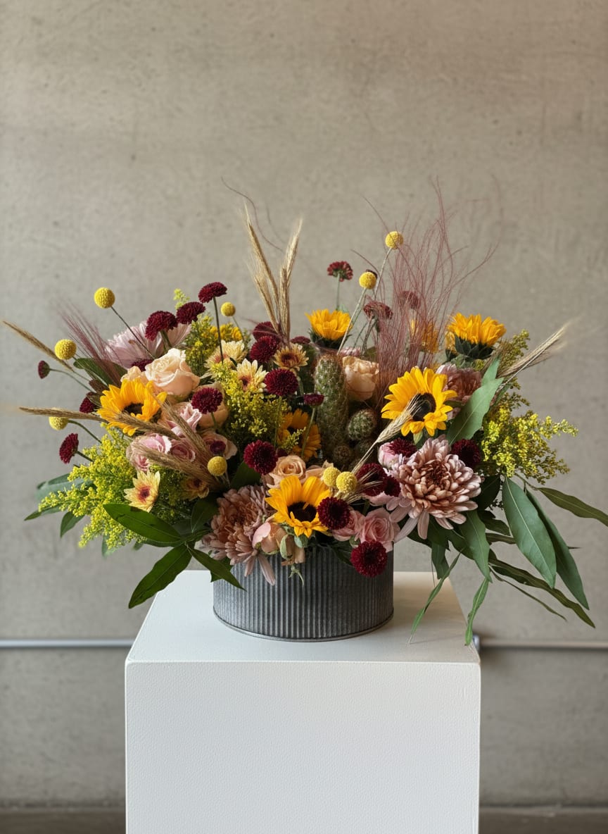 Honey's Harvest  - A beautiful arrangement of sunflowers, peachy pink tones and rustic accents.  Think flowers, but make it country!