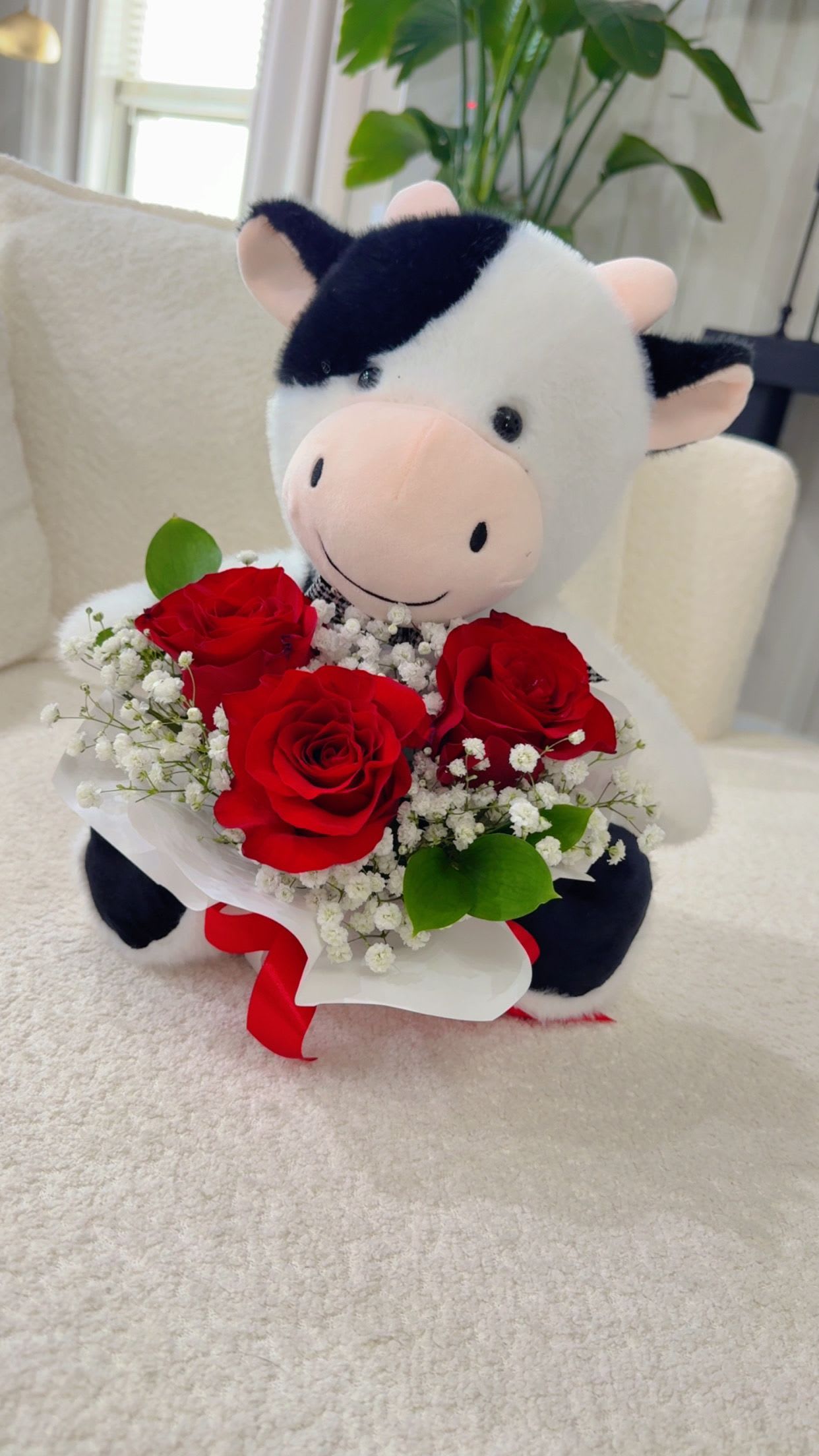 Cow Plush &amp; Red Roses - A romantic and adorable gift all in one ️  This design features a soft plush cow paired with a mini bouquet of fresh red roses and delicate baby’s breath, beautifully wrapped with elegant details. Perfect for romantic surprises, anniversaries, or just to say “I love you.”   Handcrafted with love by Lone Star Gifts  Midland, Odessa &amp; Gardendale delivery  Same-day delivery available 