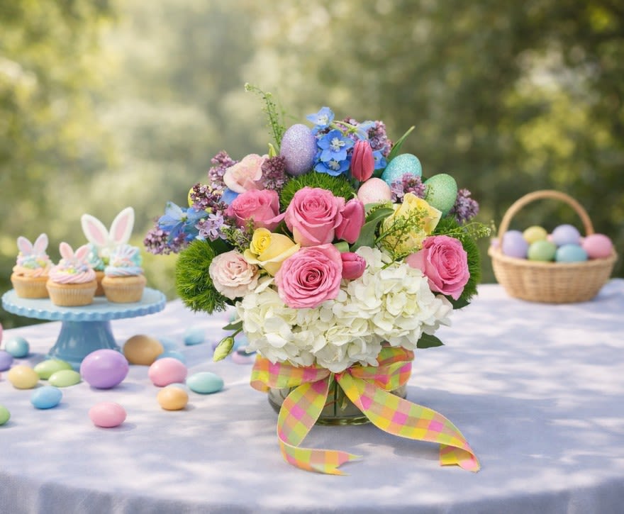 Easter Eggs - Soft, layered, and quietly vibrant—this arrangement captures that fleeting early spring feeling when everything starts to wake up again.  Designed in a low glass vase and finished with a fresh gingham ribbon, this piece features a lush base of white hydrangea surrounded by a curated mix of premium blooms: Sweet Unique roses, Creme De La Creme roses, pink tulips, lisianthus, dianthus, lilac, and delicate delphinium. Tucked throughout, pastel eggs add a playful seasonal detail without overwhelming the design.  The palette leans into warm pinks, buttery yellows, soft creams, and cool lavender tones—balanced with texture and movement so it feels full, but not heavy.  This arrangement is ideal for spring gifting, seasonal table styling, or simply bringing something fresh and intentional into your space.