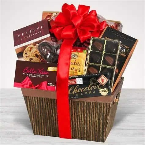 Chocolate Lovers Basket - A beautifully curated chocolate basket filled with a delightful assortment of treats...smooth milk chocolates, rich dark varieties, and indulgent truffles....Each piece offers a unique blend of flavors and textures, from creamy to crunchy.  Thoughtfully curated and elegantly presented, it's a sweet collection perfect for sharing or savoring one dlicious bite at a time.