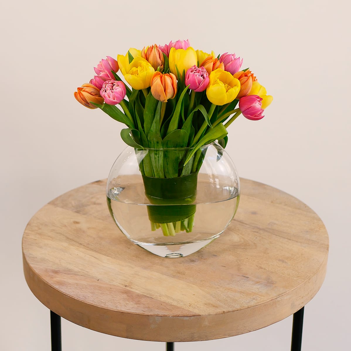 Spring Tulips - Spring has sprung! These multicolored tulips are the perfect arrangement to celebrate the new season of flowers. Features approximately 20 tulips wrapped in a leaf, designed in a 6" tall glass vase.