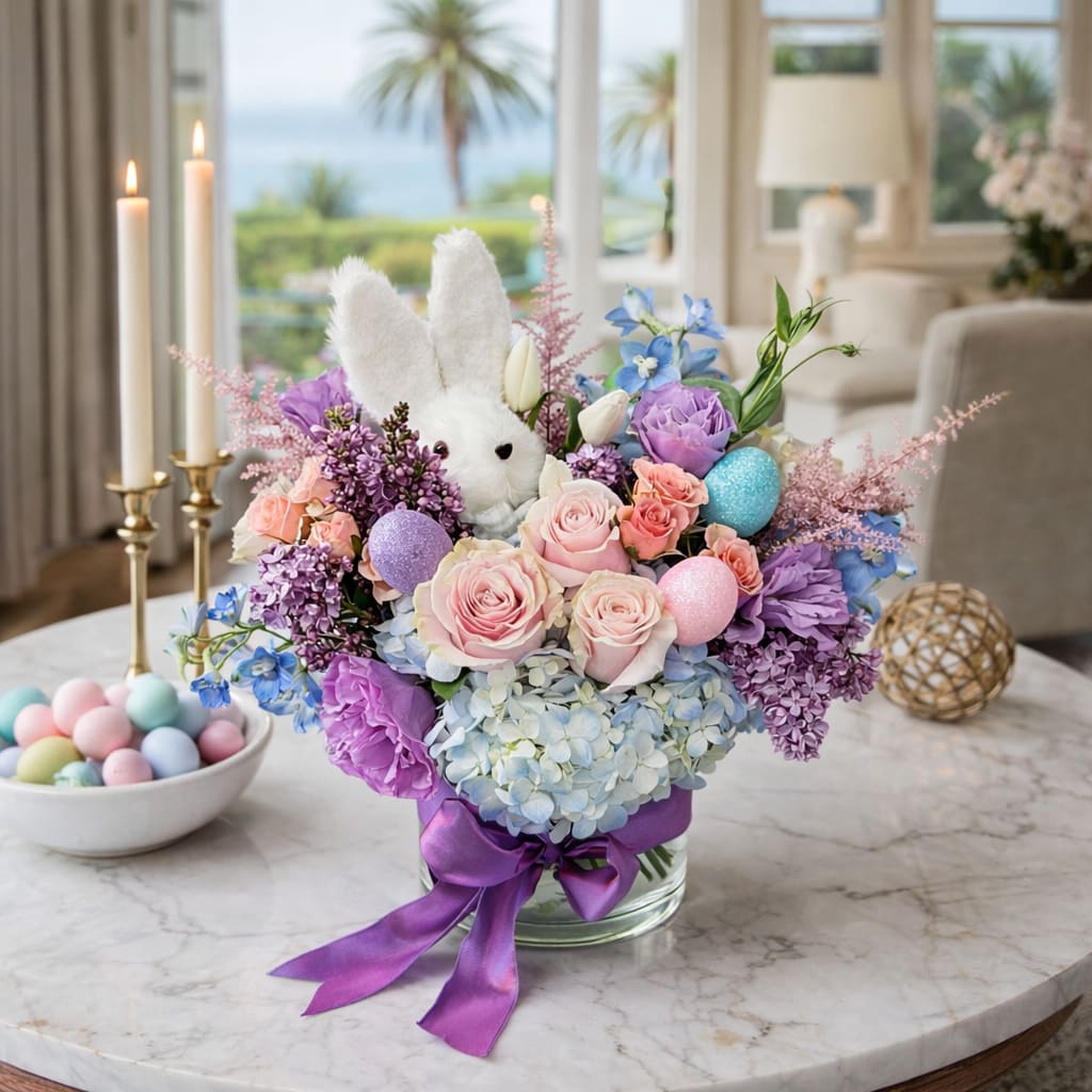 Some Bunny Love's you - Some Bunny Love’s You  Soft, and just a little playful—Some Bunny Love’s You is designed to feel like spring walked into the room and stayed awhile. This Easter arrangement blends delicate pastel tones with lush, garden-style texture, creating something that feels both elevated and effortless.  Featuring premium Pink Mondial roses, hydrangea, fragrant lilac, and layered accents of spray roses, lisianthus, tulips, astilbe, and delphinium, each bloom is thoughtfully placed to create movement, softness, and depth. Nestled among the florals, a plush bunny and shimmering Easter eggs add a subtle seasonal touch—refined, not kitschy.  Designed in a clear glass vessel and finished with a rich satin ribbon, this arrangement is perfect for Easter gatherings, gifting, or simply bringing a sense of calm beauty into your home.  Every piece is handcrafted, so slight variations may occur—making each arrangement one of a kind.