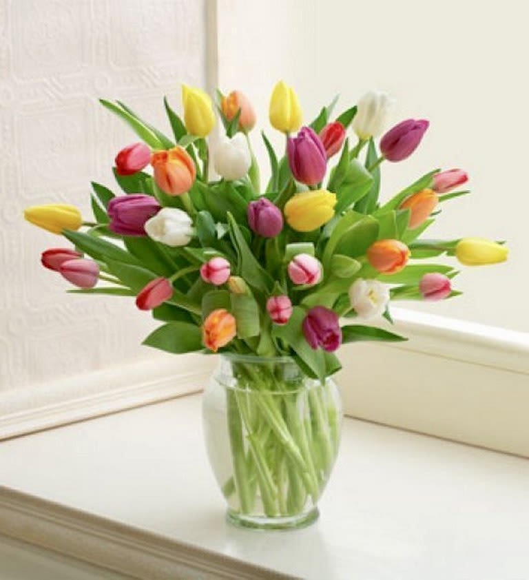 Jelly Beans - A vase stuffed full of 35 stems of bright, multicolored tulips! Like a bowl of jelly beans, this herald of spring is sure to make someone smile! 