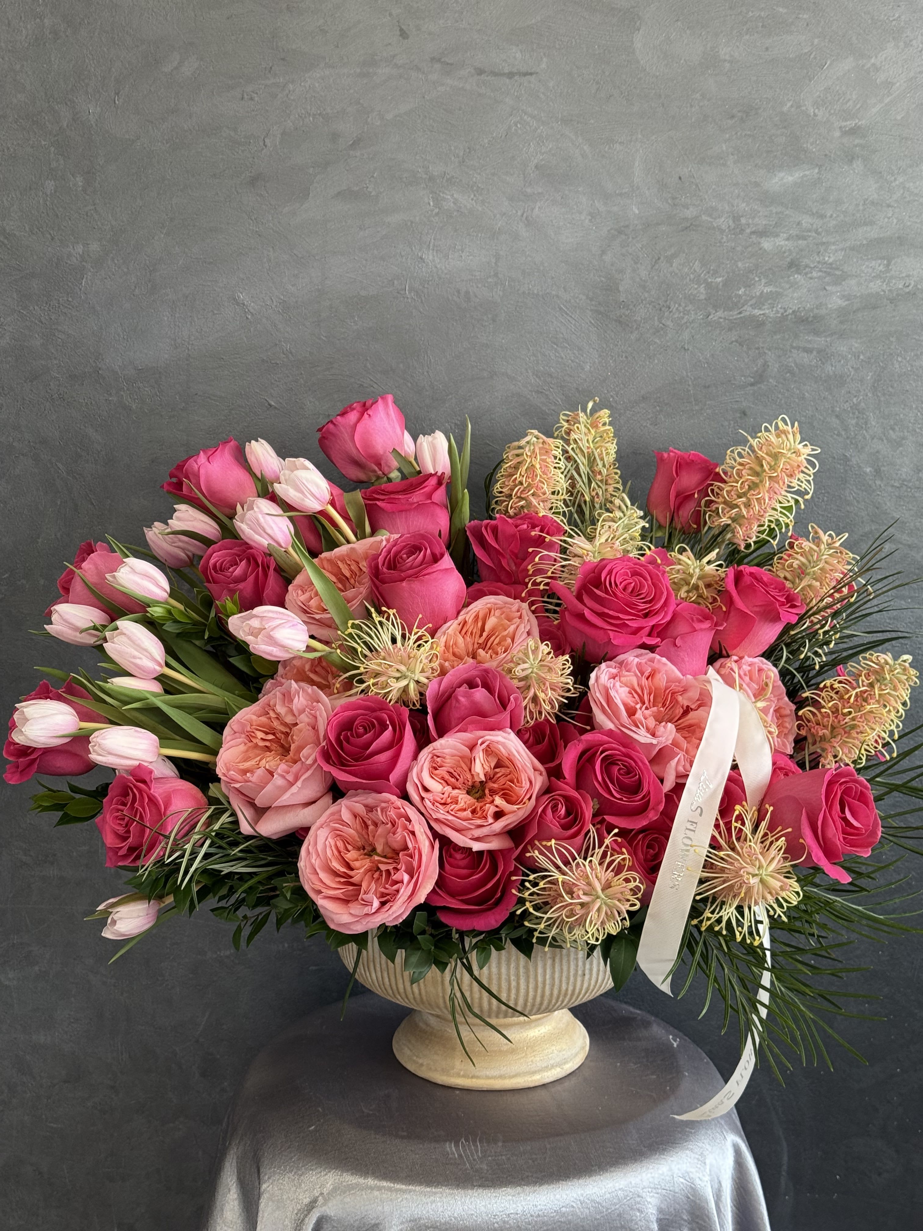 Radiant Garden - A romantic blend of garden roses and pink tulips, harmonizing soft elegance and fresh spring charm