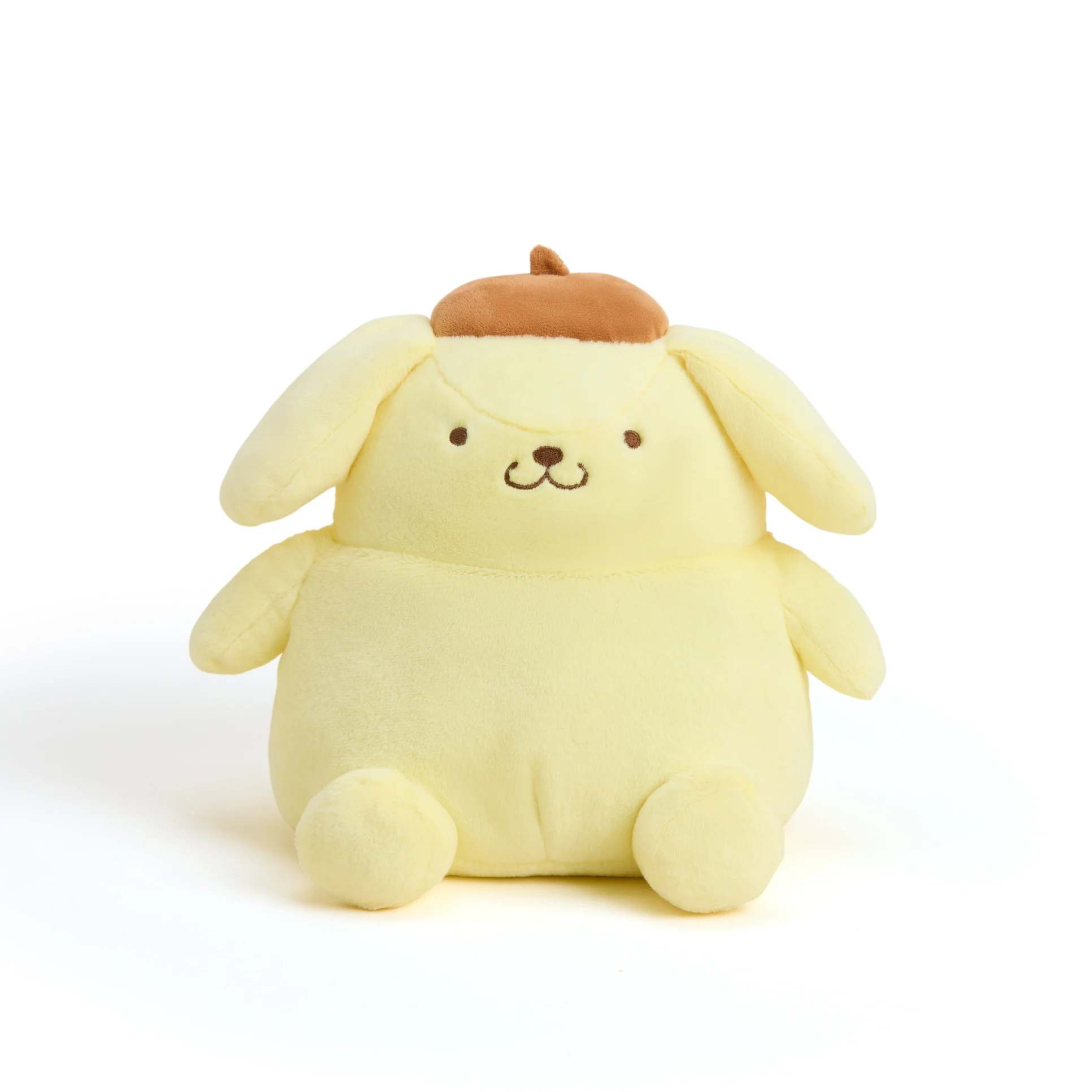 Yellow Pompompurin dog plush toy with floppy ears and a brown beret