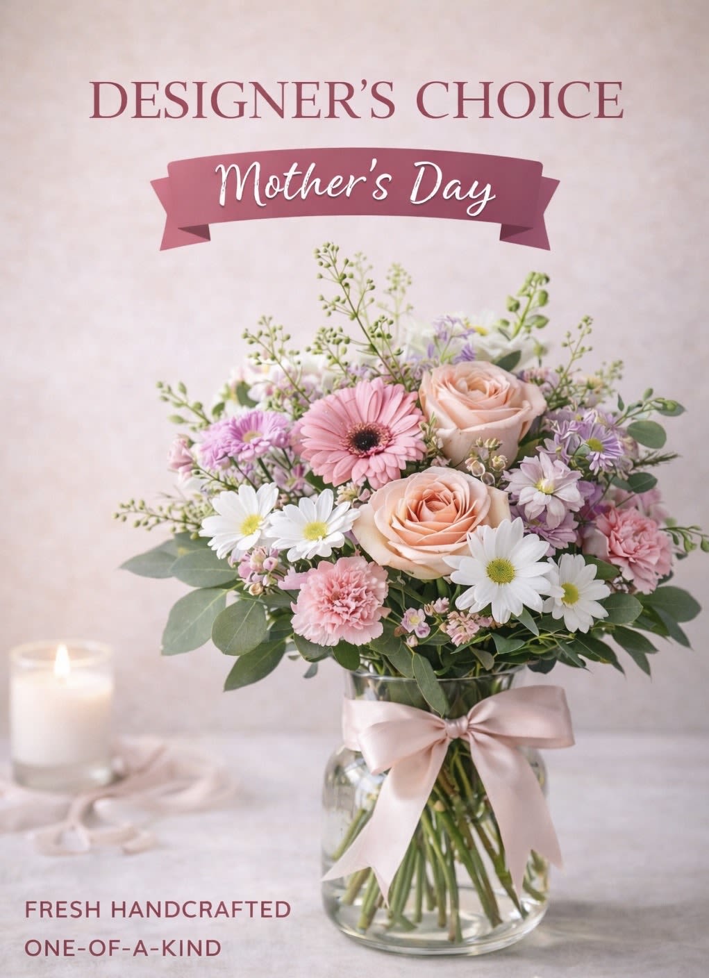 Designer’s Choice Mother’s Day Bouquet  - Surprise Mom with a beautiful Designer’s Choice bouquet, handcrafted using the freshest seasonal flowers available. This arrangement features a soft and elegant blend of pink, white, and pastel blooms arranged in a clear glass vase with lush greenery and a delicate ribbon.  Each bouquet is uniquely designed by our florist, making every order truly special and one-of-a-kind. Perfect for Mother’s Day, birthdays, or any heartfelt occasion.  Enjoy same-day flower delivery in Alpharetta 30022 and surrounding areas.   Flowers may vary based on availability, but overall style, color palette, and quality will always be preserved.