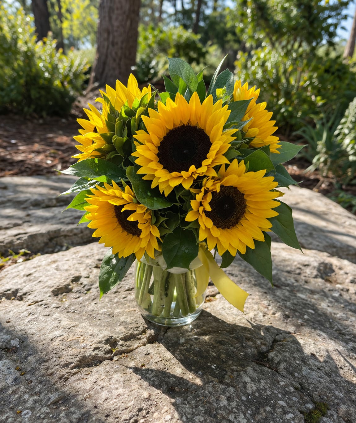 Sunflower Vase Arrangement - Bring warmth and happiness with our stunning Sunflower Vase Arrangement. Designed with vibrant, open sunflowers and fresh greenery, this bouquet is arranged in a clear glass vase for a clean and natural look.  Perfect for birthdays, celebrations, or simply brightening someone’s day, this arrangement captures the beauty of fresh seasonal blooms with a bold and cheerful style.  Handcrafted with care and available for same-day flower delivery in Alpharetta 30022.   Flowers may vary slightly based on availability, but overall look, color, and quality will be preserved. 