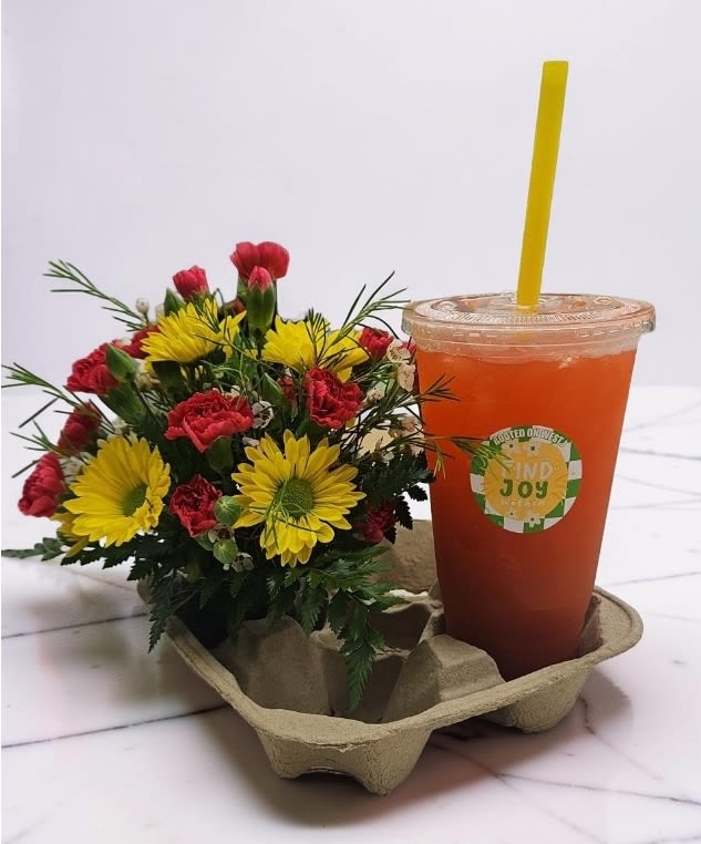 Tea &amp; Flowers from Rooted on J - A beautifully curated box featuring a fresh, seasonal flower arrangement paired with your favorite 42 oz drink from Rooted on J in Corydon. Thoughtfully designed to delight the senses, this gift is perfect for any occasion.