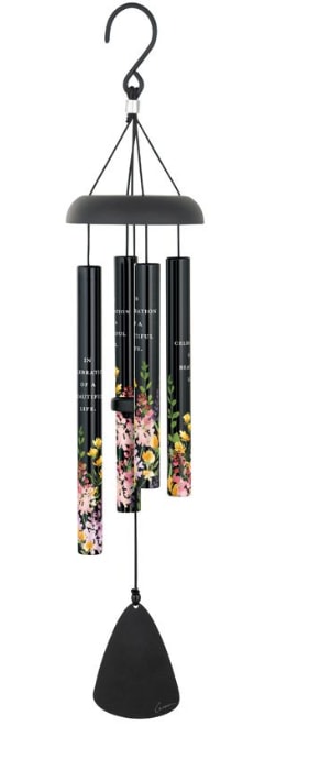 Carson 21" Picturesque - Beautiful Life Windchime - Carson 21: Black Picturesque Sonnet series Windchime.  Powder coated Aluminum construction and UV printed tubes with industrial cords.  Tubes read - "In celebration of a beautiful life."  A silk bow will be added to the top of the windchime, adding a soft, elegant finishing touch.