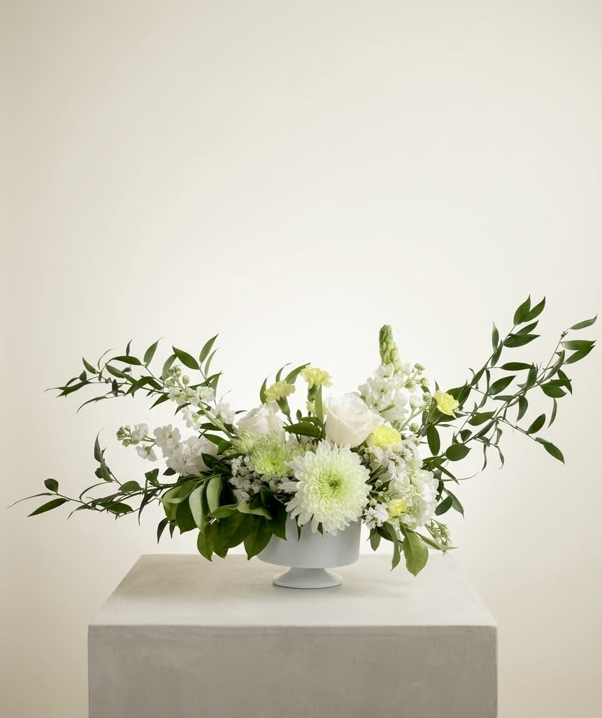 Quiet Horizon - A soft, expansive composition designed with movement and air, Quiet Horizon evokes a sense of calm through its horizontal reach and delicate layering.  Creamy white blooms and subtle touches of pale green and yellow are arranged with intentional asymmetry, allowing each stem to extend naturally beyond the vessel. Light, branching greenery creates a graceful silhouette, while clustered florals at the center provide a grounded focal point.  Designed in a modern pedestal vase, this piece brings a sense of openness and quiet elegance—ideal for offering comfort, reflection, and understated beauty.