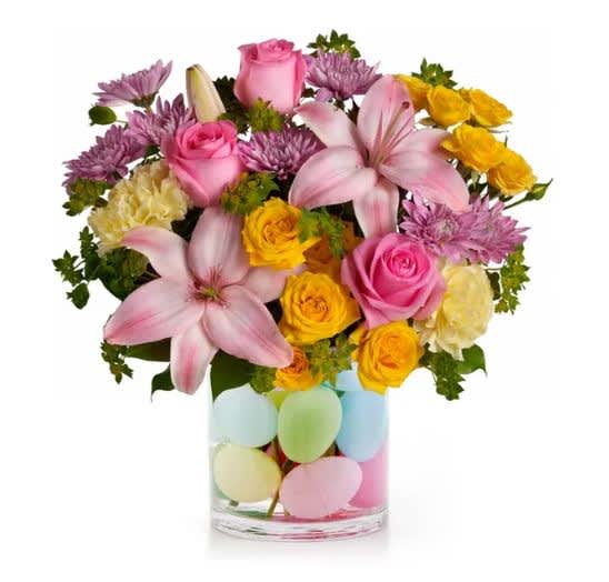 Eggcellent Pastel Bouquet - Celebrate Easter with stunning pastel floral colors! Make it even more festive with this unique arrangement that exudes Easter jubilee! Hand-arranged and delivered from a local florist in a vase filled with Easter egg decor. Easter eggs are empty and used purely for decoration but can be re-used once all is said and done. Eggcellent!