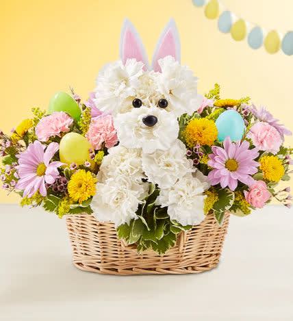 Hoppy Easter - On the hunt for a unique Easter gift? Here it is! We’ve dressed up our a-DOG-able® arrangement with a pair of bunny ears, creating a fun centerpiece for the holiday table. Sitting inside a basket full of pastel blooms and colorful plastic eggs, Hoppy will make it a happy celebration for everyone. ** BASKET WILL VARY**