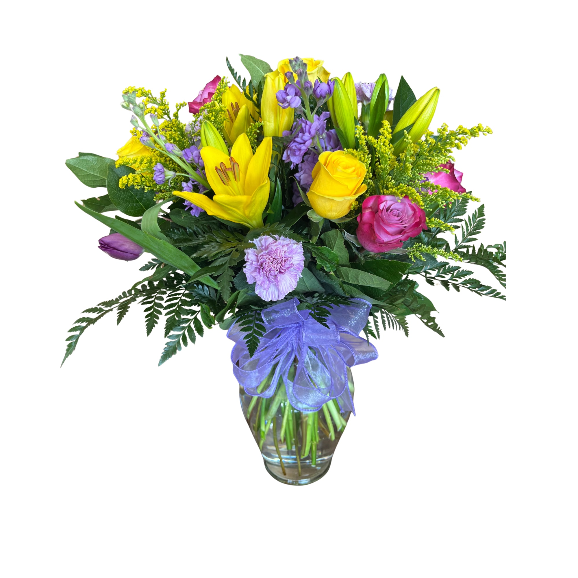 Spring Sunshine - Beautiful bright and cheery bouquet! Filled with roses, tulips, lilies and more!