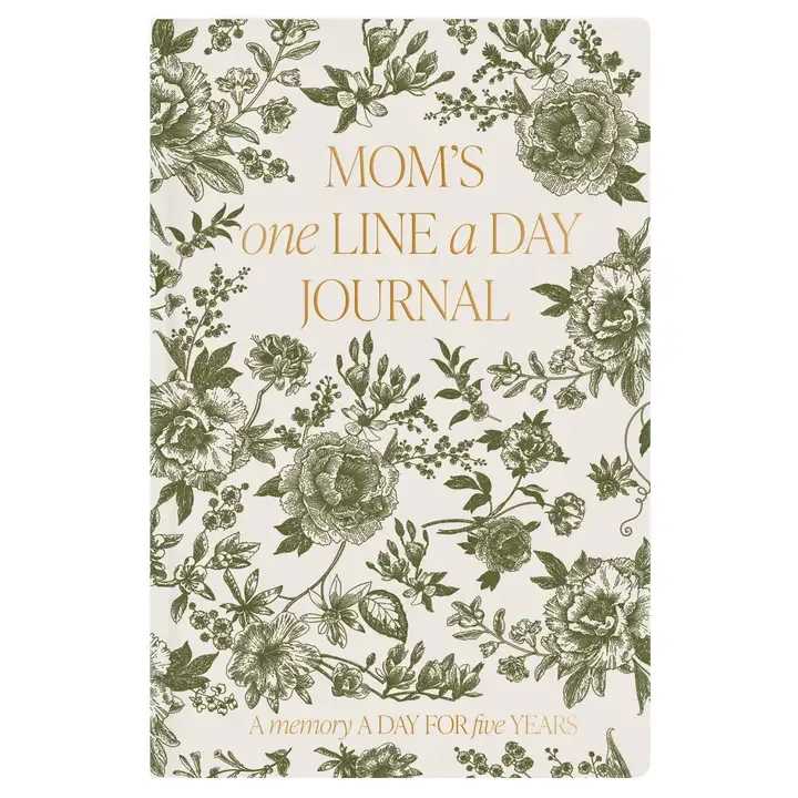 Mom's One Line A Day Journal - Our Mom's One Line A Day journal is perfectly designed with an elegant green delft pattern. This five-year mom journal makes a thoughtful Mother's Day gift, birthday gift, baby shower gift, and more. It's a meaningful keepsake for moms of newborns or older children.  DETAILS: • Size: 4" x 6.5" x .5" • Design: Mom's One Line A Day • Floral Faux Leather Hardcover Journal with Gold Foil Details • 100gsm Uncoated Lined Paper • Ribbon Bookmark in Green • 366 Pages Front and Back                                                                                                                                                                                   