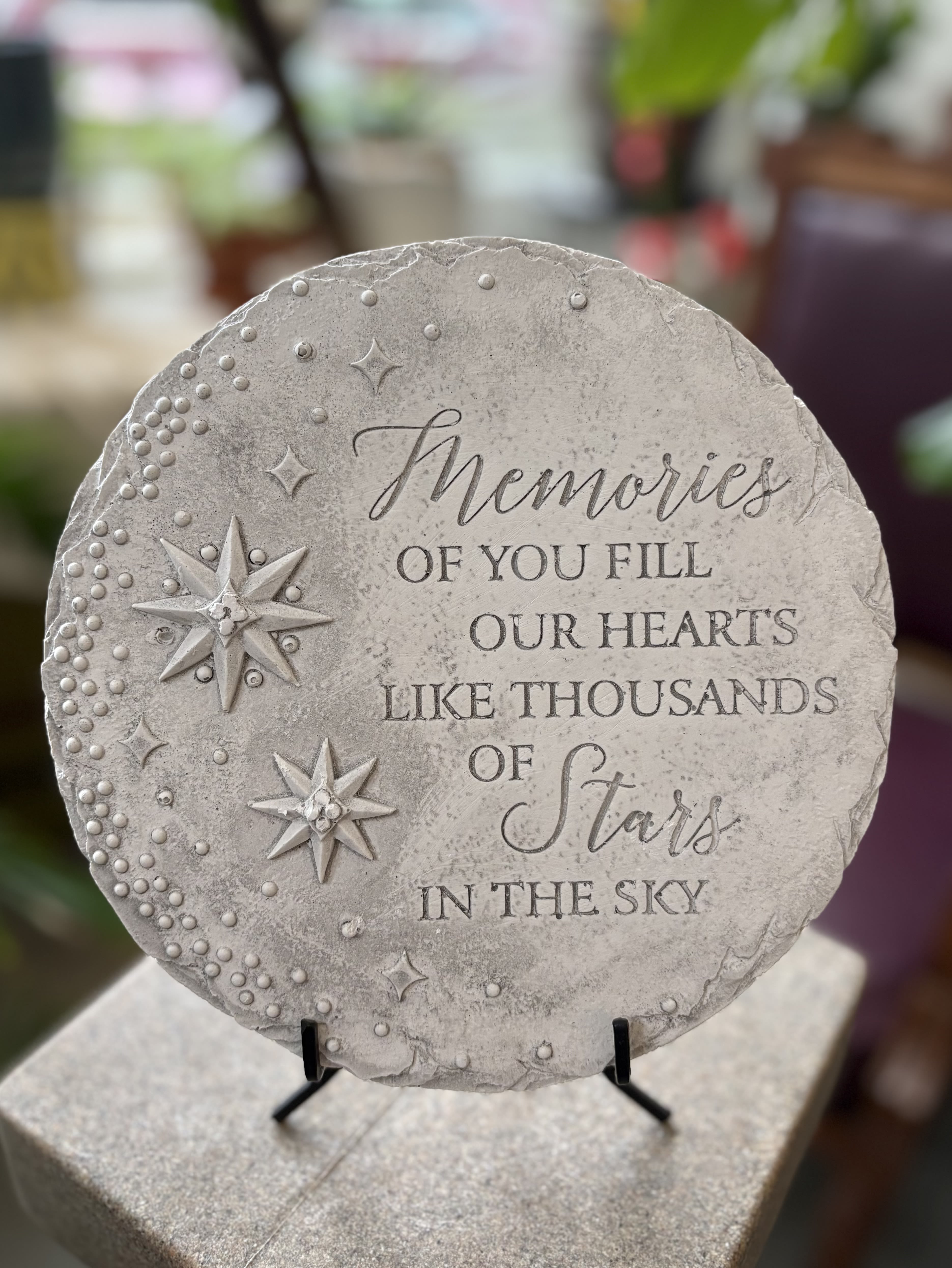 Star Stepping Stone - Circular stepping stone that reads,  "Memories of you fill our hearts like thousands of stars in the sky."