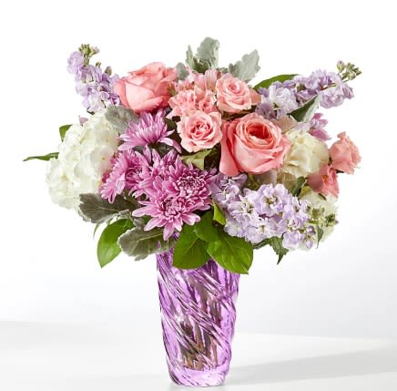 Silver Lining Bouquet - Optimism and positivity are blooming to life in this gift of soft, pink roses, lavender stock and fragrant, white hydrangea. Whether you are shopping for Mother's Day, spring, an engagement, and just about anything else, our Silver Lining Bouquet will delight.
