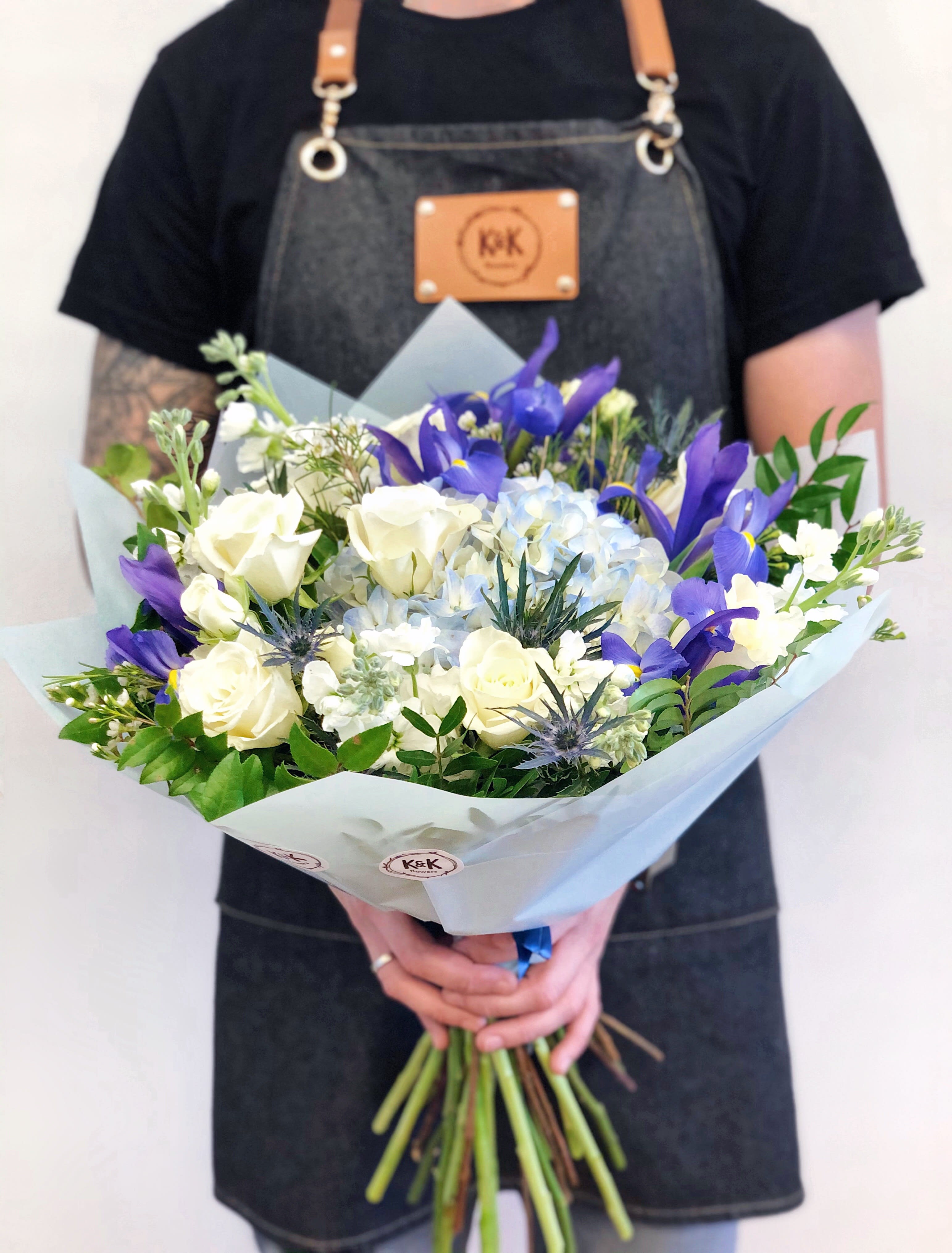 Blue and White medium bouquet  - Mixed flowers bouquet, from romantic and gentle to an edgy and interesting look. All bouquets come without a vase. You can choose a vase at the add-on section. 