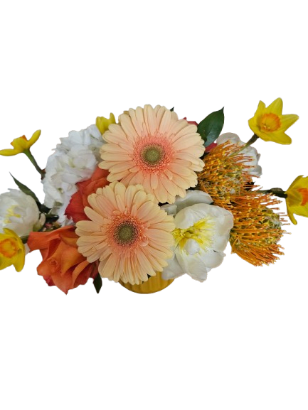 Sunshine and Happiness Bouquet - Peach gerbera daisies, peonies, hydrangea, protea, roses, and daffodils in a ceramic pot