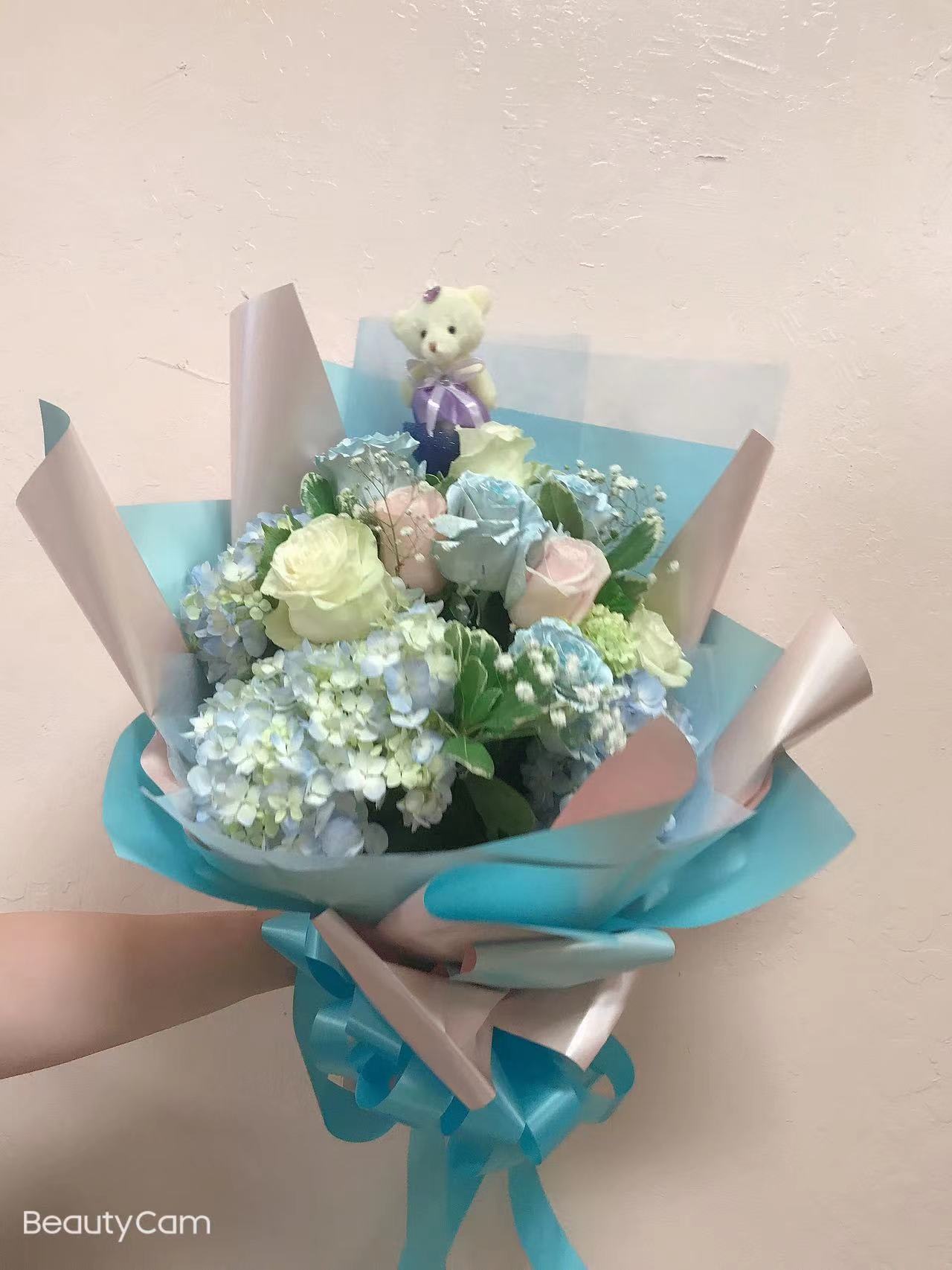 Special Bouquet 1 - This beautiful bouquet made with light blue hydrangea , roses, white lisianthus and stock , baby breath and eucalyptus.   