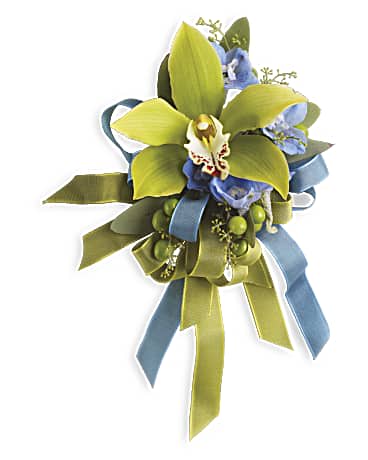 Green cymbidium orchid and blue accent flowers corsage with green and blue ribbon streamers