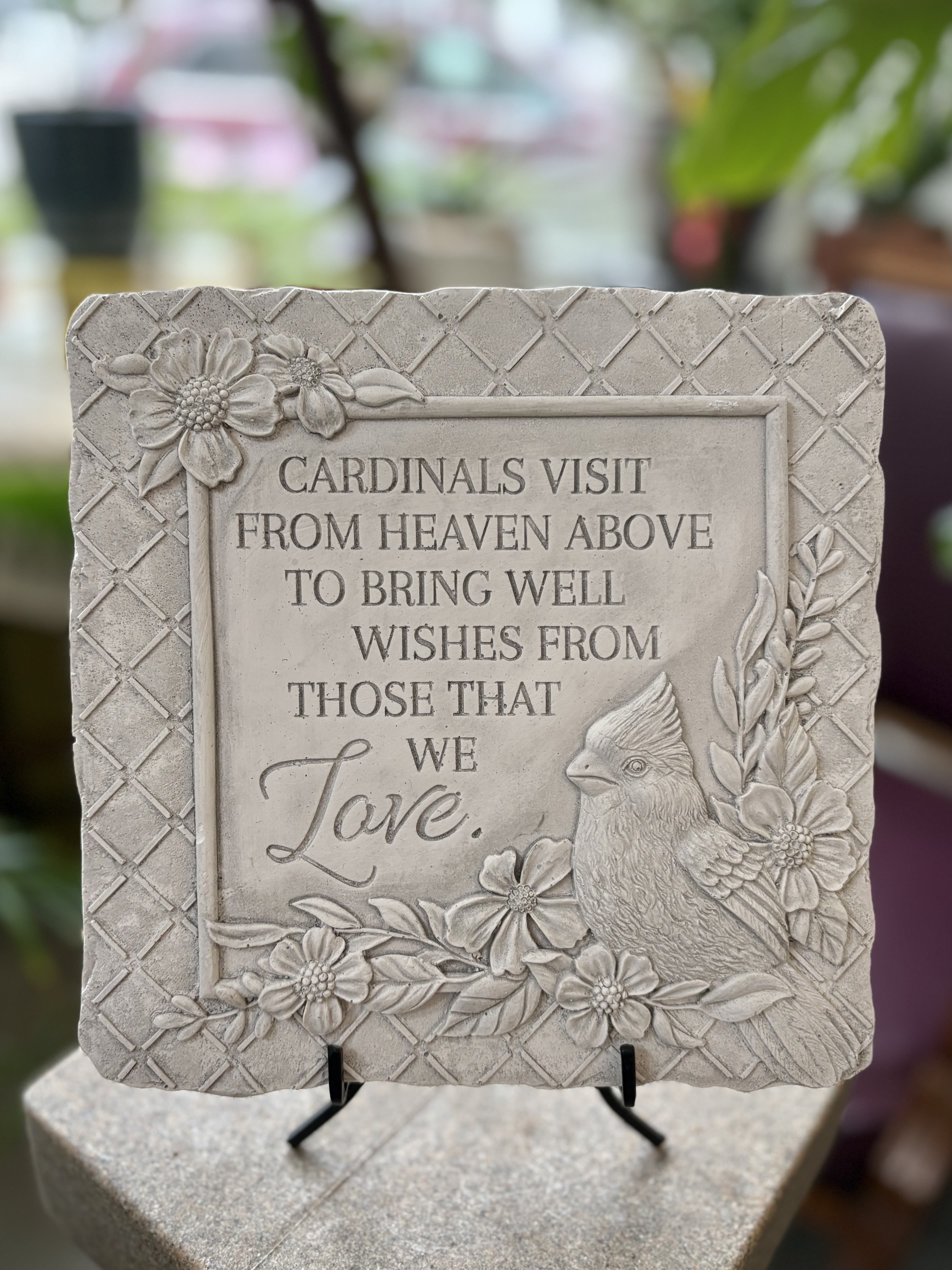 Cardinals Stepping Stone - Square stepping stone that reads: "Cardinals visit from heaven above to bring well wishes from those that we love."