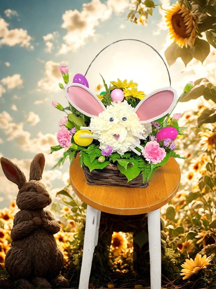 Bunny in a Basket - Celebrate Easter with this springtime floral basket! The bright and cheery colors will bring joyful Easter jubilee to your home. Send one today to brighten up any room. In a weave basket with plastic Easter Egg decoration.
