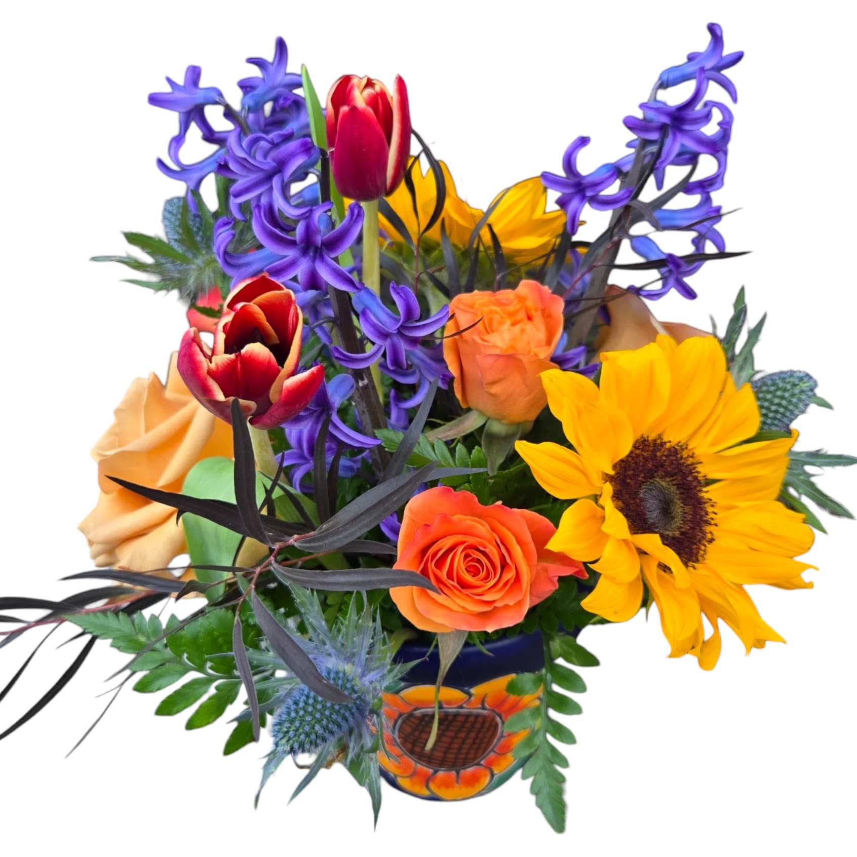 Sunny Sunshine Delight - Vibrant sunflowers and fresh colorful blooms come arranged inside a one of a kind sunflower talavera pot! This arrangement is ready to brighten up any space!