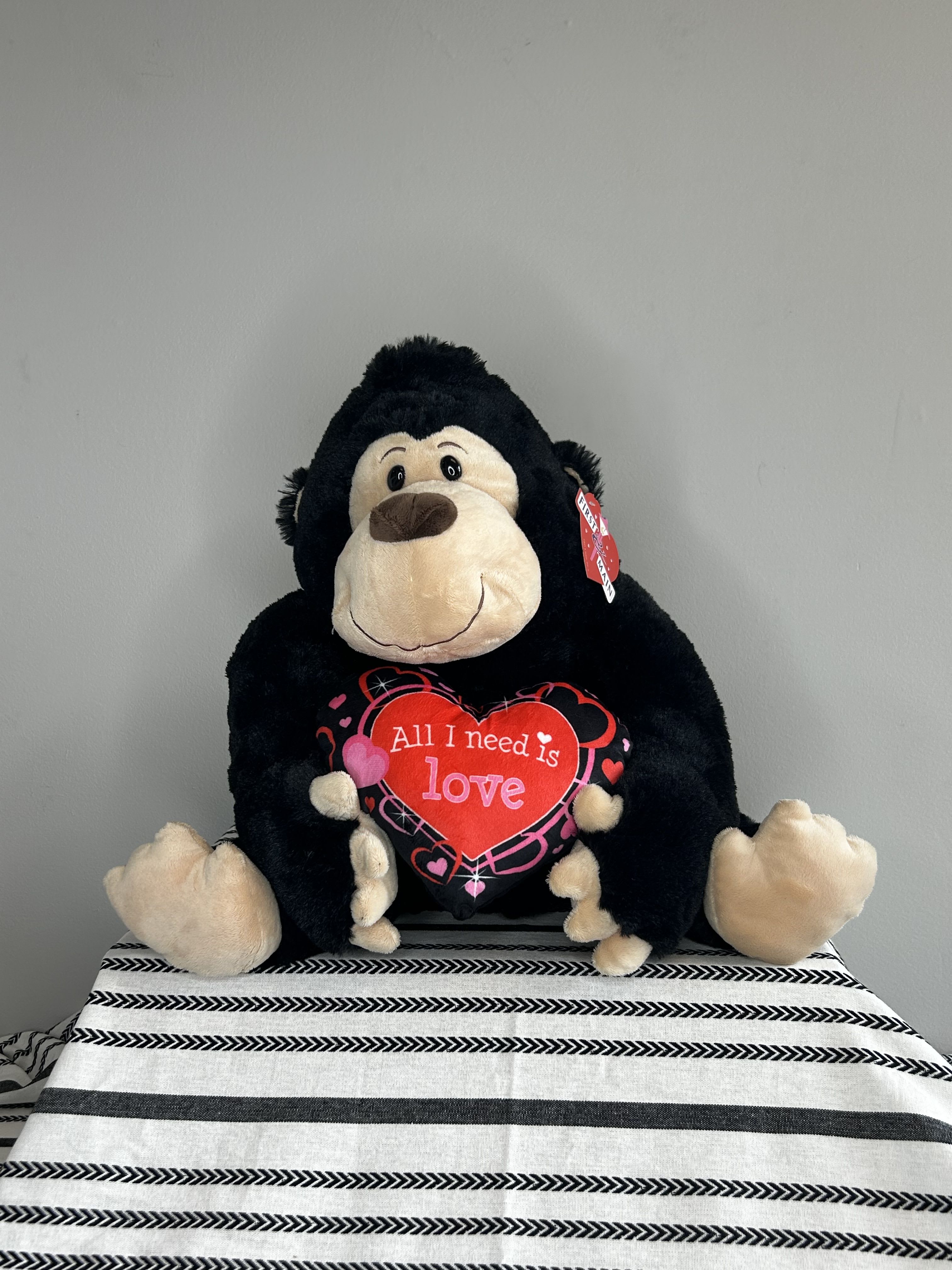 Plush gorilla holding a heart that says "All I need is love"
