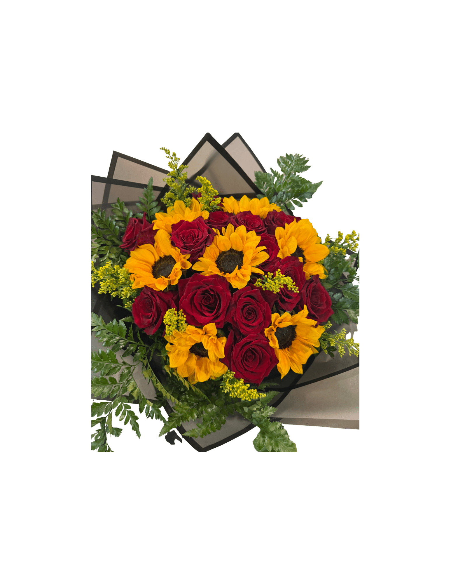Bouquet of red roses and yellow sunflowers with greenery