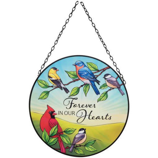 Suncatcher "Forever in our hearts" - This metal and acrylic suncatcher makes a sentimental addition to any memorial arrangement or plant.   10" W x 15"L