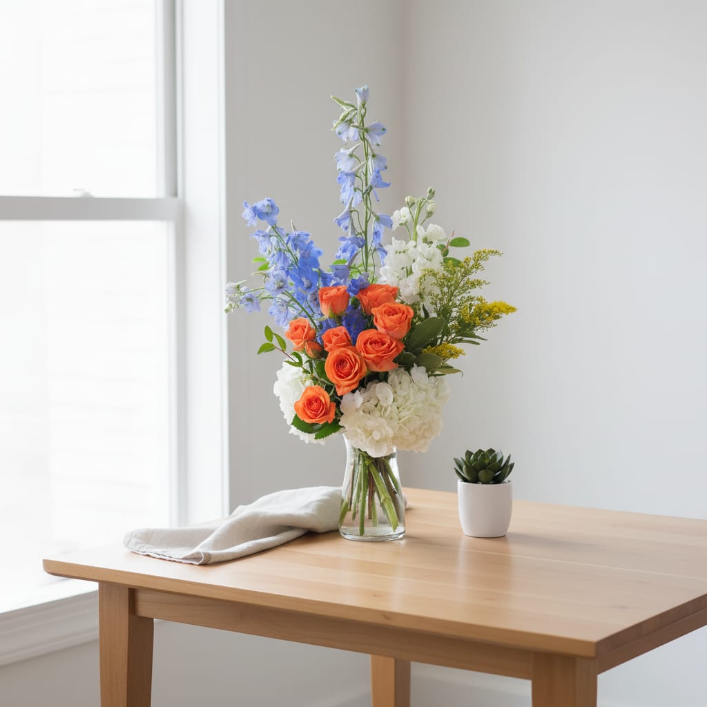 Tall arrangement of orange roses, blue delphinium, and white hydrangeas in a glass vase on a wooden table.