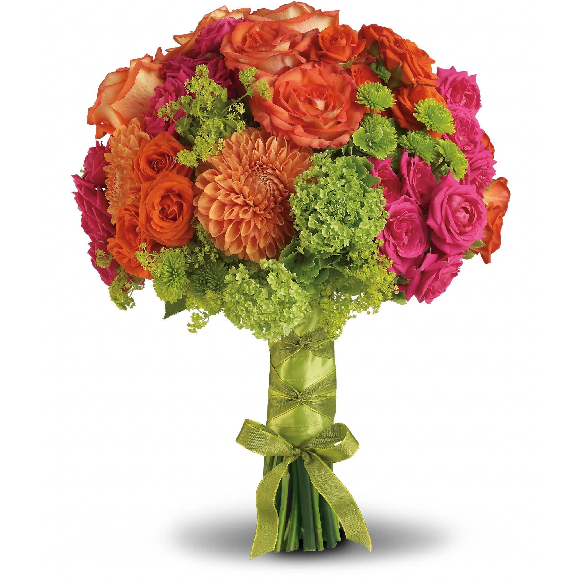 Hand-tied bouquet of bright orange and pink roses with dahlias and green hydrangea wrapped in green satin ribbon