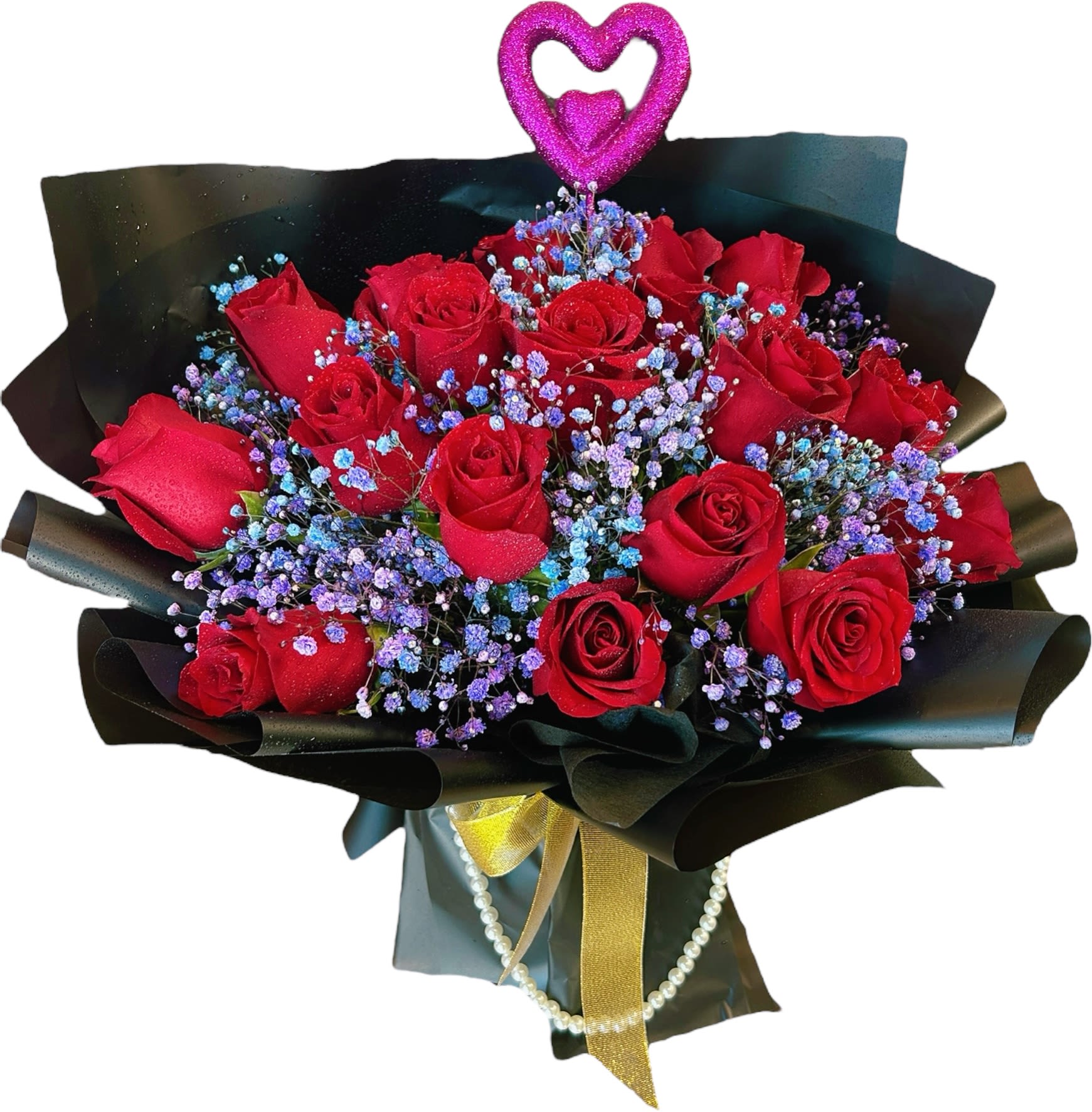 Red Rose Bouquet with Purple Baby’s Breath  - A stunning bouquet of red roses paired with delicate purple baby’s breath, wrapped in elegant black and gold paper with a touch of luxury. This arrangement expresses deep love, passion, and admiration, perfect for Valentine’s Day, anniversaries, or romantic surprises. Handcrafted with care by Family Flower Shop Sacramento — same-day delivery available.