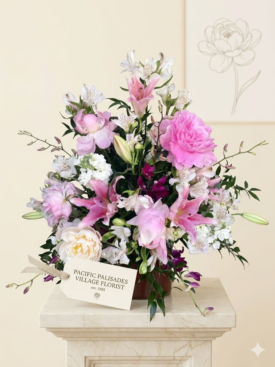 New Beginnings - A soft, garden-inspired arrangement in blush and pastel tones, featuring romantic pink lilies, airy peonies, and delicate alstroemeria, accented with white blooms and trailing orchid sprays. The design feels fresh and graceful, with a natural, slightly wild composition that blends elegance with a light, whimsical touch.
