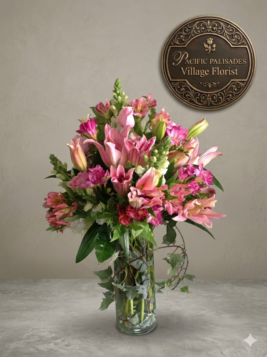 Prom Dreams - A vibrant, romantic arrangement overflowing with pink tones, featuring lush lilies and alstroemeria accented by soft roses and vertical snaps, all surrounded by fresh greenery and trailing ivy. The design feels full and expressive, with layered textures and a lively, garden-style composition that balances elegance with playful movement.