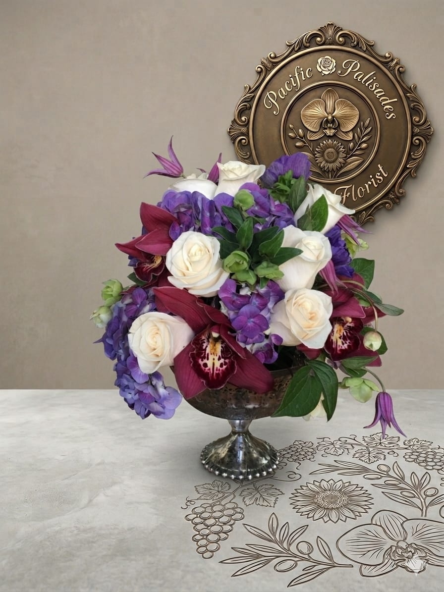 Queen of the Castle - A rich, jewel-toned arrangement blending creamy white roses with deep burgundy cymbidium orchids and vibrant purple hydrangea, accented by delicate clematis and fresh greenery. The design feels luxurious and dramatic, with bold color contrast and a refined, classic shape in an elegant pedestal vase.