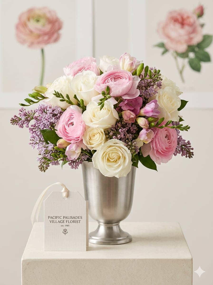 Spring Fling - A soft, romantic arrangement in blush pink and ivory tones, featuring classic roses paired with delicate ranunculus, fragrant freesia, and airy lilac accents, all nestled in fresh greenery. The design feels elegant and feminine, with layered textures and a gentle, garden-inspired fullness presented in a sleek silver vase.