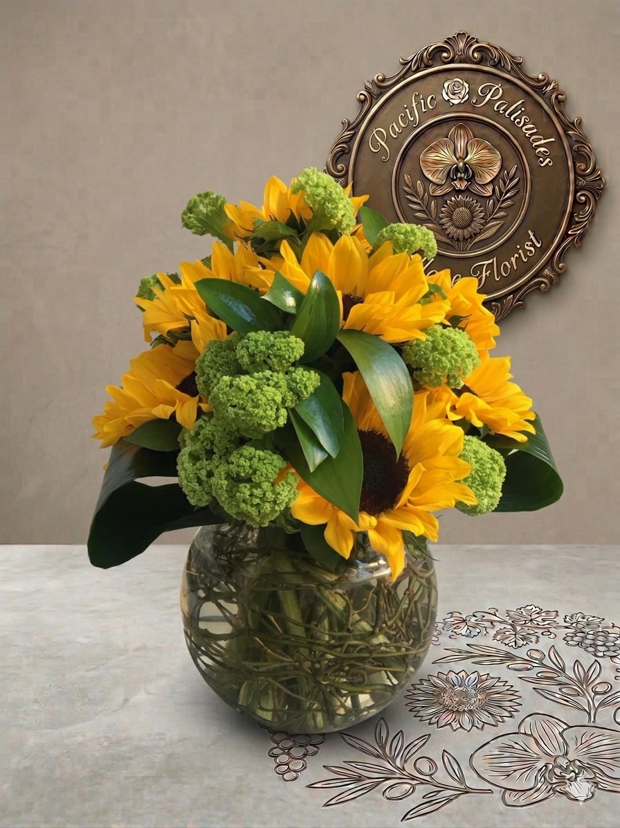 Summer Camp - A bright, cheerful arrangement bursting with golden sunflowers, accented by fresh green textured blooms and bold, glossy foliage. The design feels vibrant and energetic, with a clean, modern look that highlights the warmth and simplicity of summer tones.