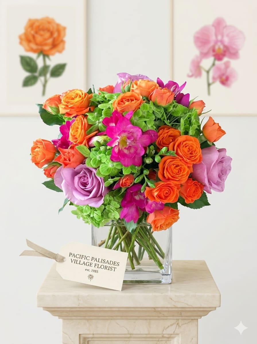 Popsicle Palette - A vibrant, playful arrangement bursting with bright orange spray roses and soft lavender roses, accented by vivid pink orchids and fresh green hydrangea. The design feels energetic and modern, with bold color contrasts and a lively, garden-style fullness that gives it a fun, tropical-inspired look.