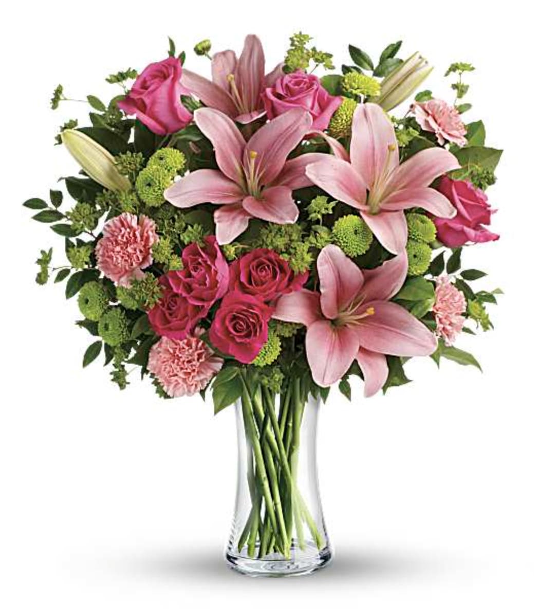 In Bloom - What's better than pink? More pink! This blissful bouquet of roses and lilies is arranged and delivered by a local florist in a classic glass vase. This flower arrangement is sure to put some pink in their cheeks and a smile on their faces! What's better than pink? More pink! This blissful bouquet of roses and lilies is arranged and delivered by a local florist in a classic glass vase. This flower arrangement is sure to put some pink in their cheeks and a smile on their faces!