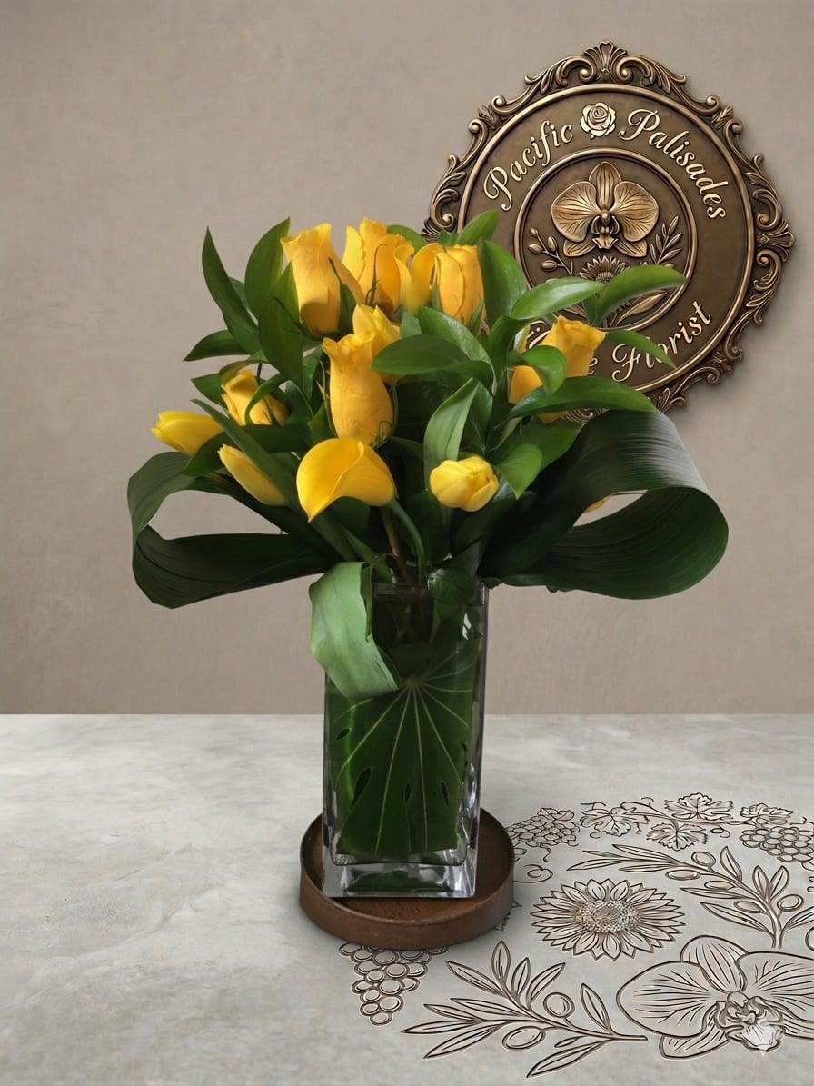 The Simple Things - A sleek, modern arrangement featuring vibrant yellow calla lilies paired with matching yellow roses, framed by bold, sculptural greenery and glossy looped leaves. The design feels clean and contemporary, with a striking monochromatic palette and strong architectural lines.