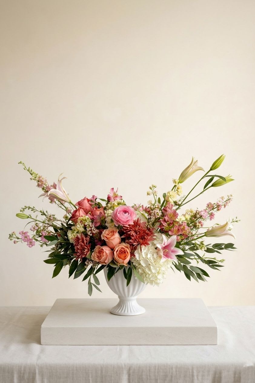 Romantic Sunset - A refined, garden-style arrangement designed with softness and movement in mind. Romantic Sunset features a delicate interplay of blush ranunculus, peach-toned roses, and graceful lilies, layered with airy seasonal blooms and fresh greenery.  The composition unfolds horizontally with an organic, sculptural feel—each stem intentionally placed to create depth, texture, and natural rhythm. Light, romantic tones blend effortlessly, evoking the warmth and glow of a fading sunset.  Perfectly sized for intimate spaces, this piece brings a sense of quiet elegance and thoughtful beauty to any setting.