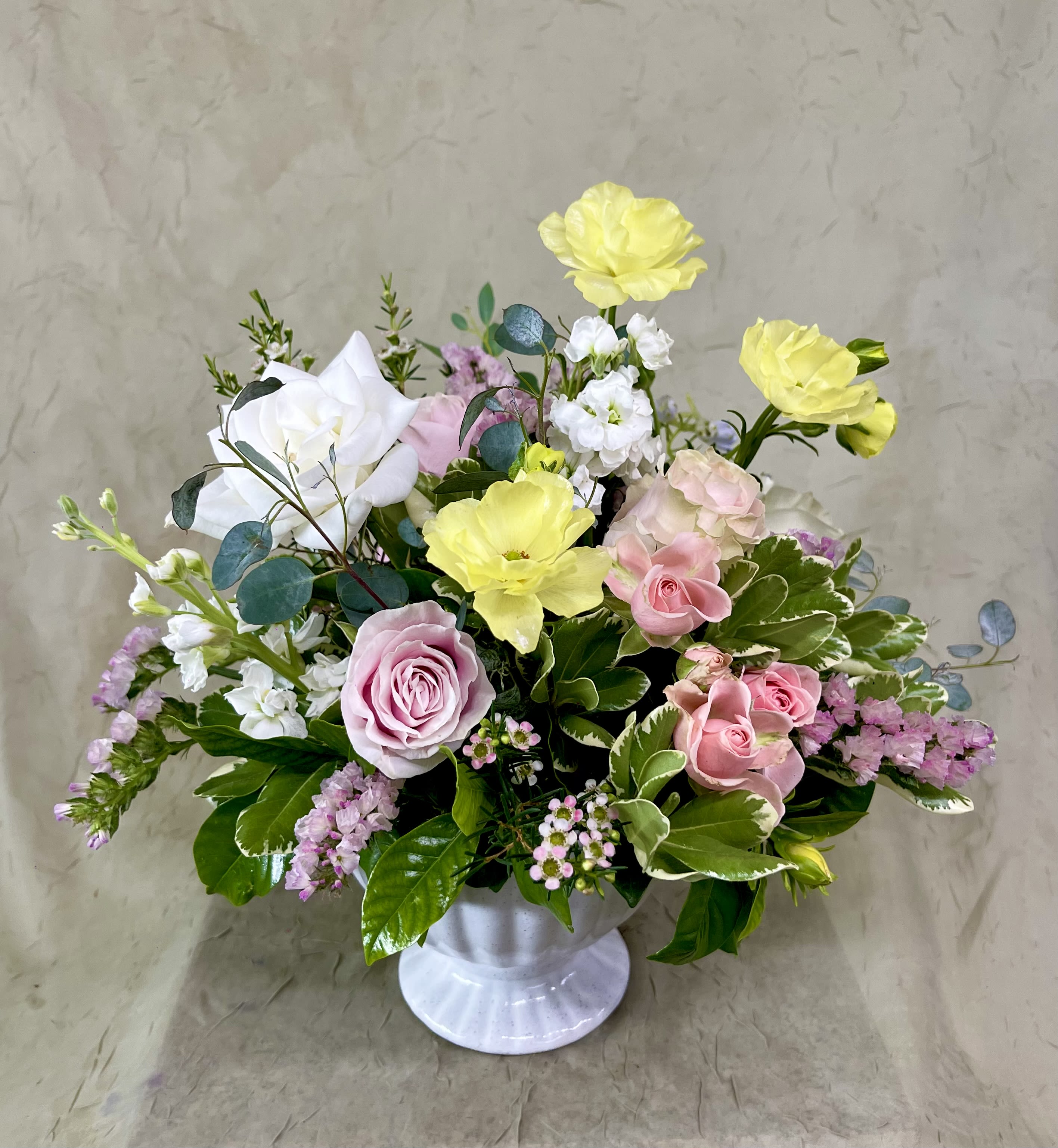 Pastel Compote  - Pastel centerpiece in an elegant ribbed ceramic compote vase