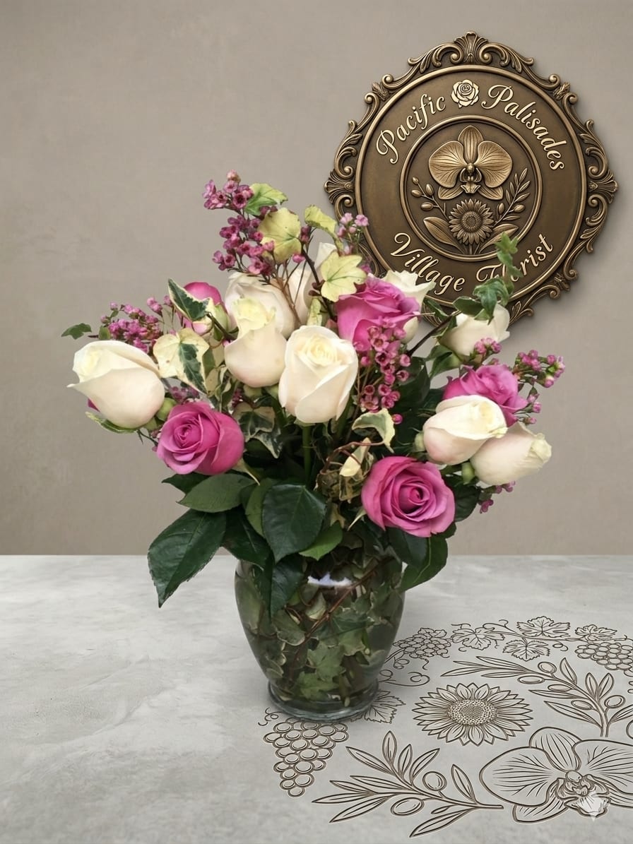 Saturday Night - A romantic, classic arrangement featuring a soft blend of ivory and pink roses accented with delicate waxflower and variegated ivy. The design feels timeless and elegant, with gentle color contrast and natural greenery adding texture and movement in a traditional rounded style.