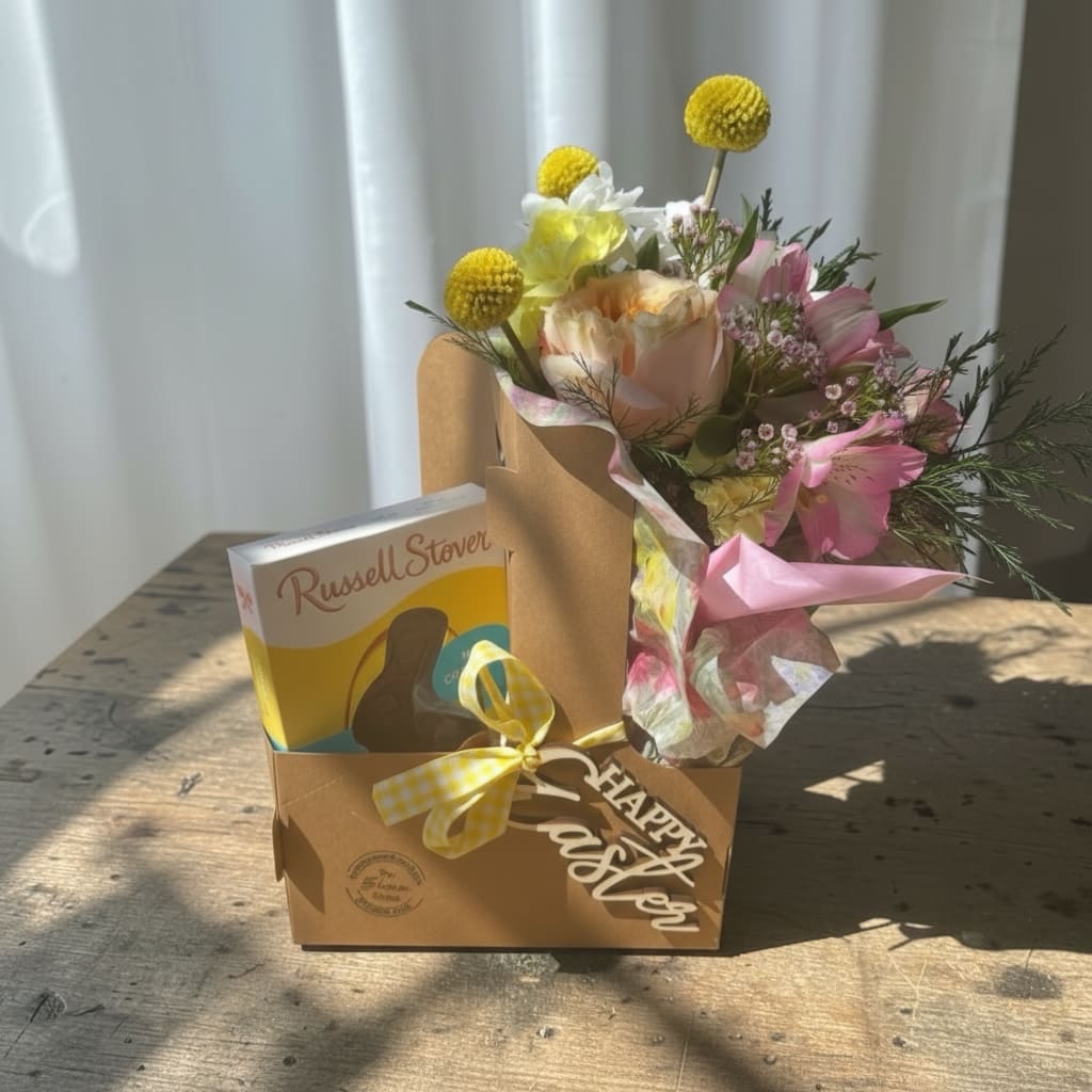 Florals + Easter Candy Caddy  - Fresh florals, a chocolate bunny and some easter eggs with other candy inside.... Who wouldn't love this special Easter treat? 