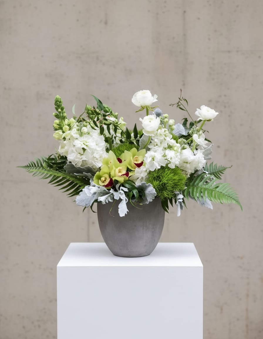 Low white and green floral arrangement with orchids and round white blooms in a gray pot.