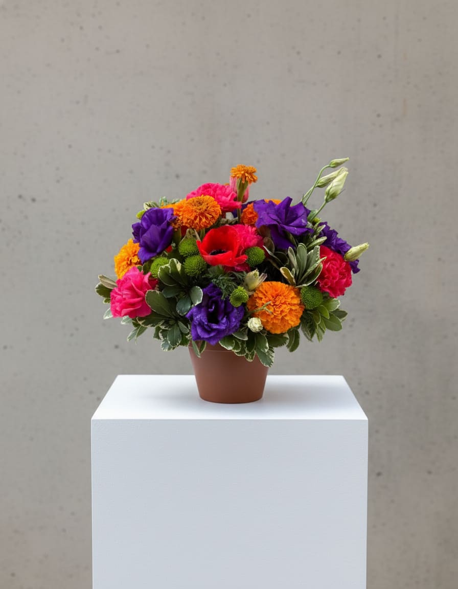 Bright mixed arrangement of orange, pink, purple, and red flowers in a small brown pot