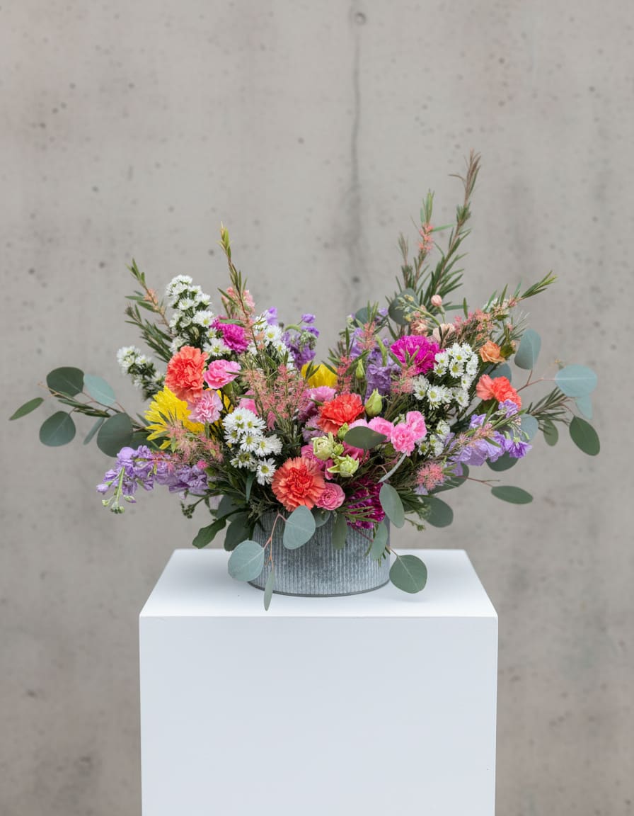 Low, wide arrangement of bright mixed flowers in a ribbed metal container on a white pedestal