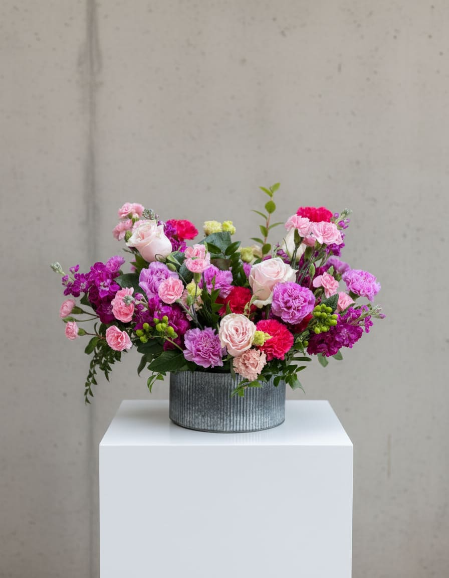 Low arrangement of pink, purple, and red roses and carnations in a round metal container